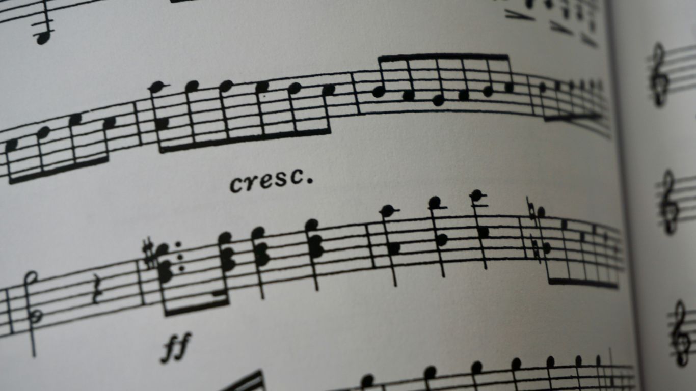 a close up of a book with musical notes