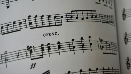 a close up of a book with musical notes